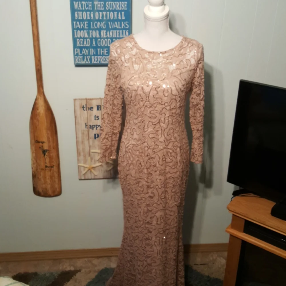 Marina Sequin Evening Gown Blush Champagne Formal Dress Long Sleeve Maxi Medium